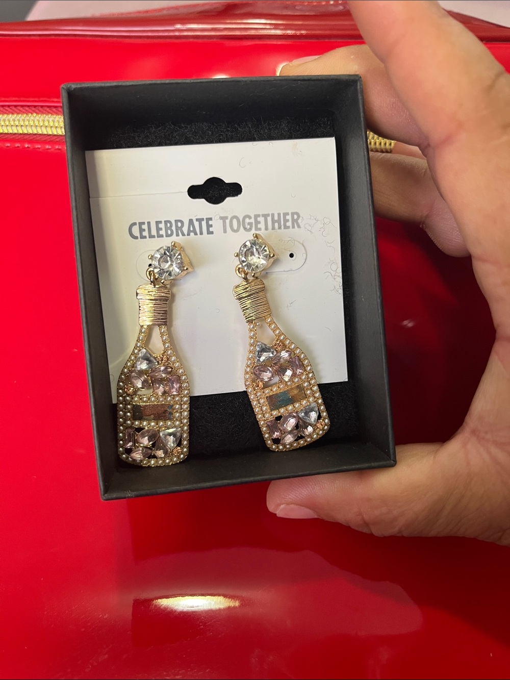 Kohl's Gold-Tone Bottle Drop Earrings with Clear and Light Pink Stones